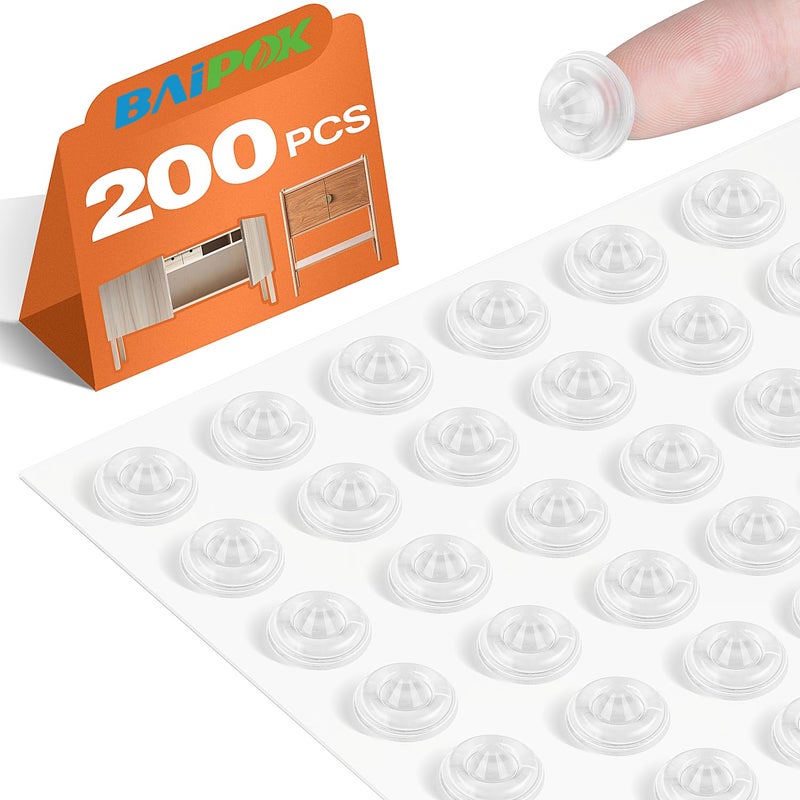 BAIPOK 200 PCS Cabinet Door Bumpers Clear Rubber Self Adhesive Cabinet Stoppers Pads Sound Dampening Cupboard Door Bumpers Dots for Kitchen Drawers, Picture Frames, Furniture - Image 1